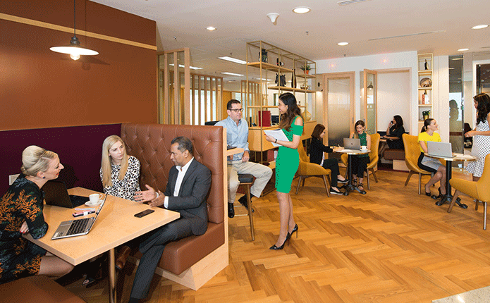 Coworking Space at Beirut Souks with people networking, collaborating, or working at dedicated desks with a luxury fit out.